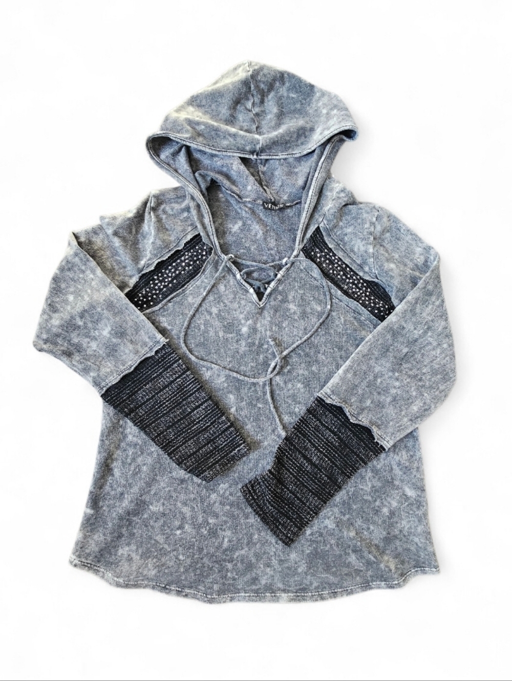 VENUS Acid Wash Gray Lace-Up Hooded Pullover with Knit Cuffs, Size M
